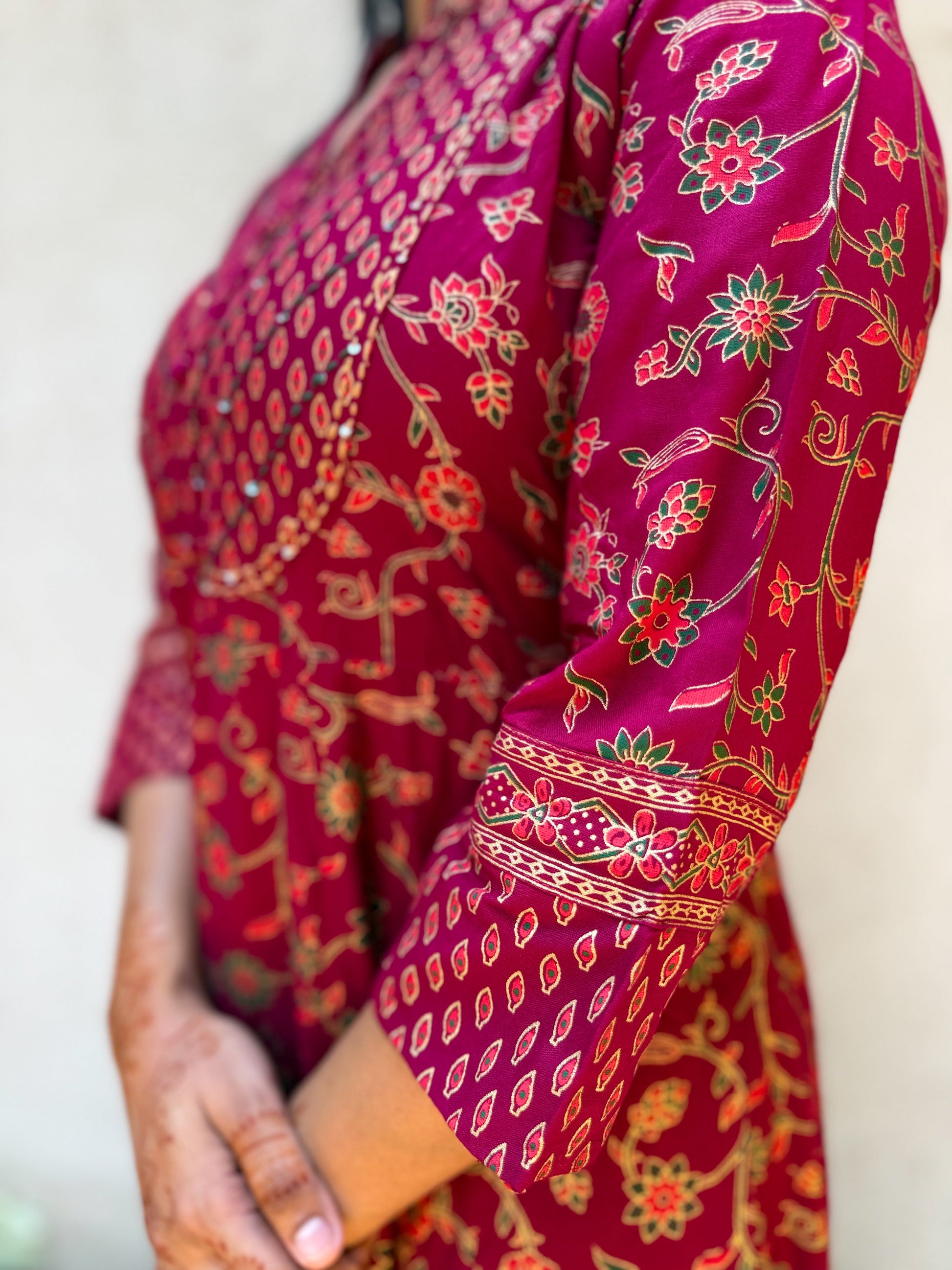 Maroon Floral Print Anarkali Maxi Dress with Embroidered Yoke-5