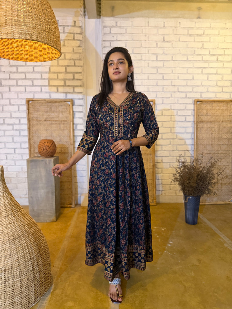 Midnight Navy Floral Anarkali Kurti with Intricate Gold Accents-1