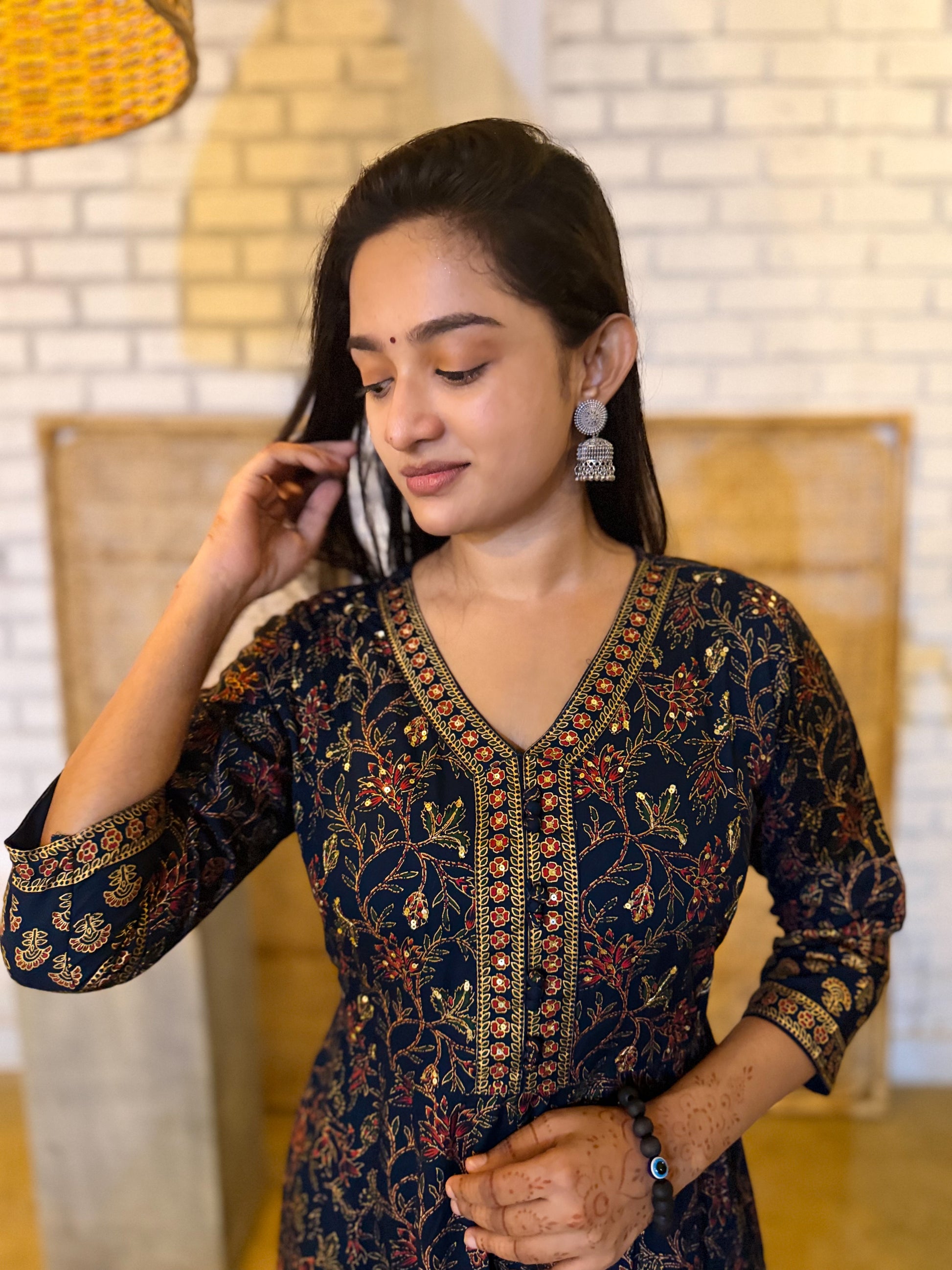 Midnight Navy Floral Anarkali Kurti with Intricate Gold Accents-2
