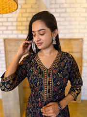 Midnight Navy Floral Anarkali Kurti with Intricate Gold Accents
