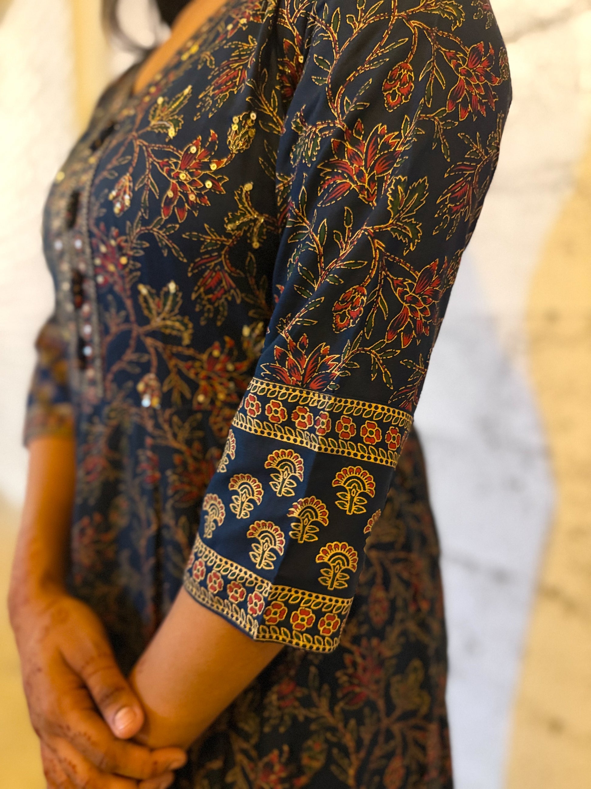 Midnight Navy Floral Anarkali Kurti with Intricate Gold Accents-5