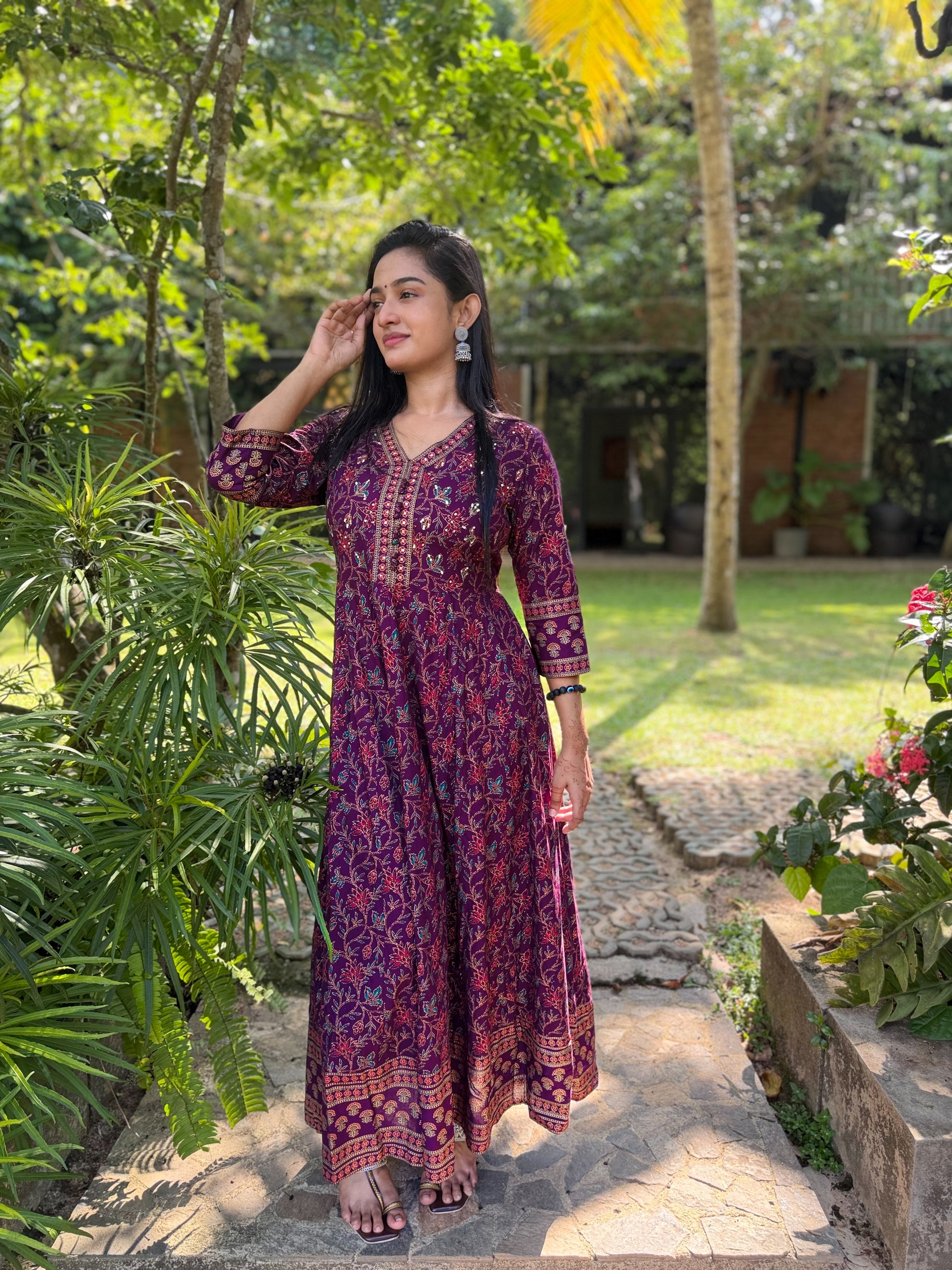 Deep Plum Floral Anarkali Maxi With Sequin Detailing-2