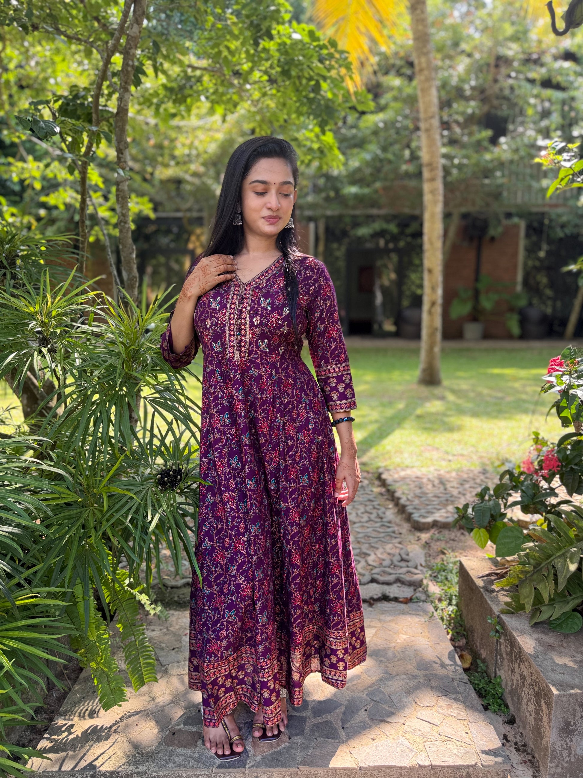 Deep Plum Floral Anarkali Maxi With Sequin Detailing-1