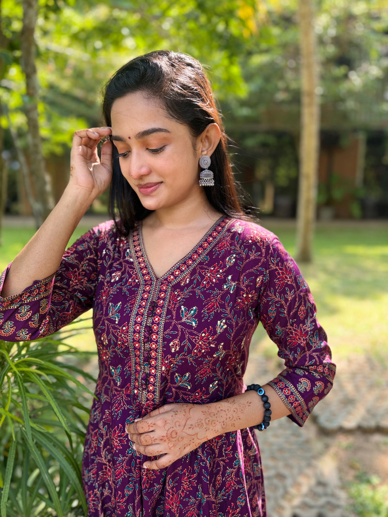 Deep Plum Floral Anarkali Maxi With Sequin Detailing-3