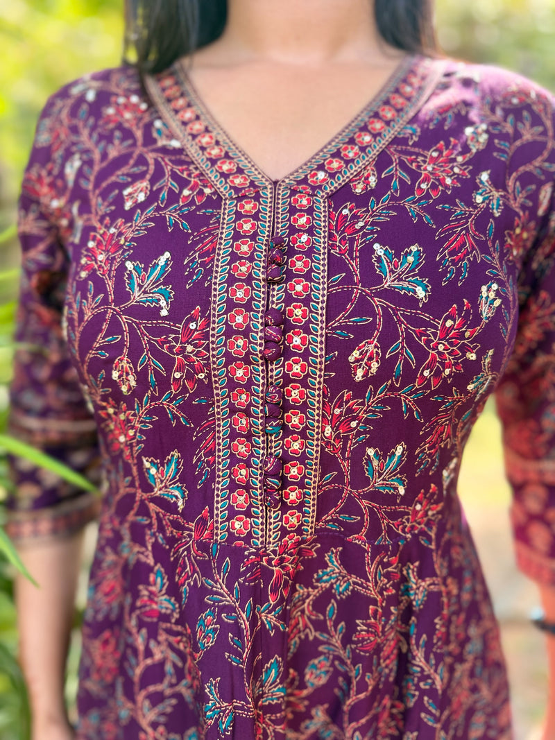 Deep Plum Floral Anarkali Maxi With Sequin Detailing-4