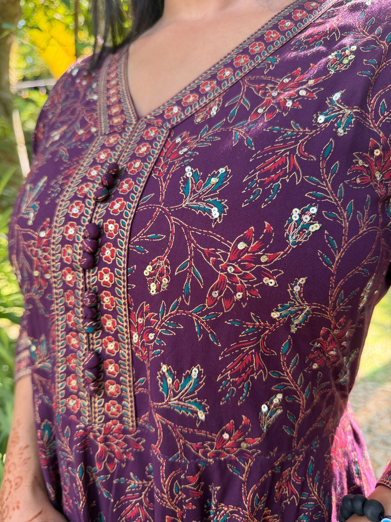 Deep Plum Floral Anarkali Maxi With Sequin Detailing-5