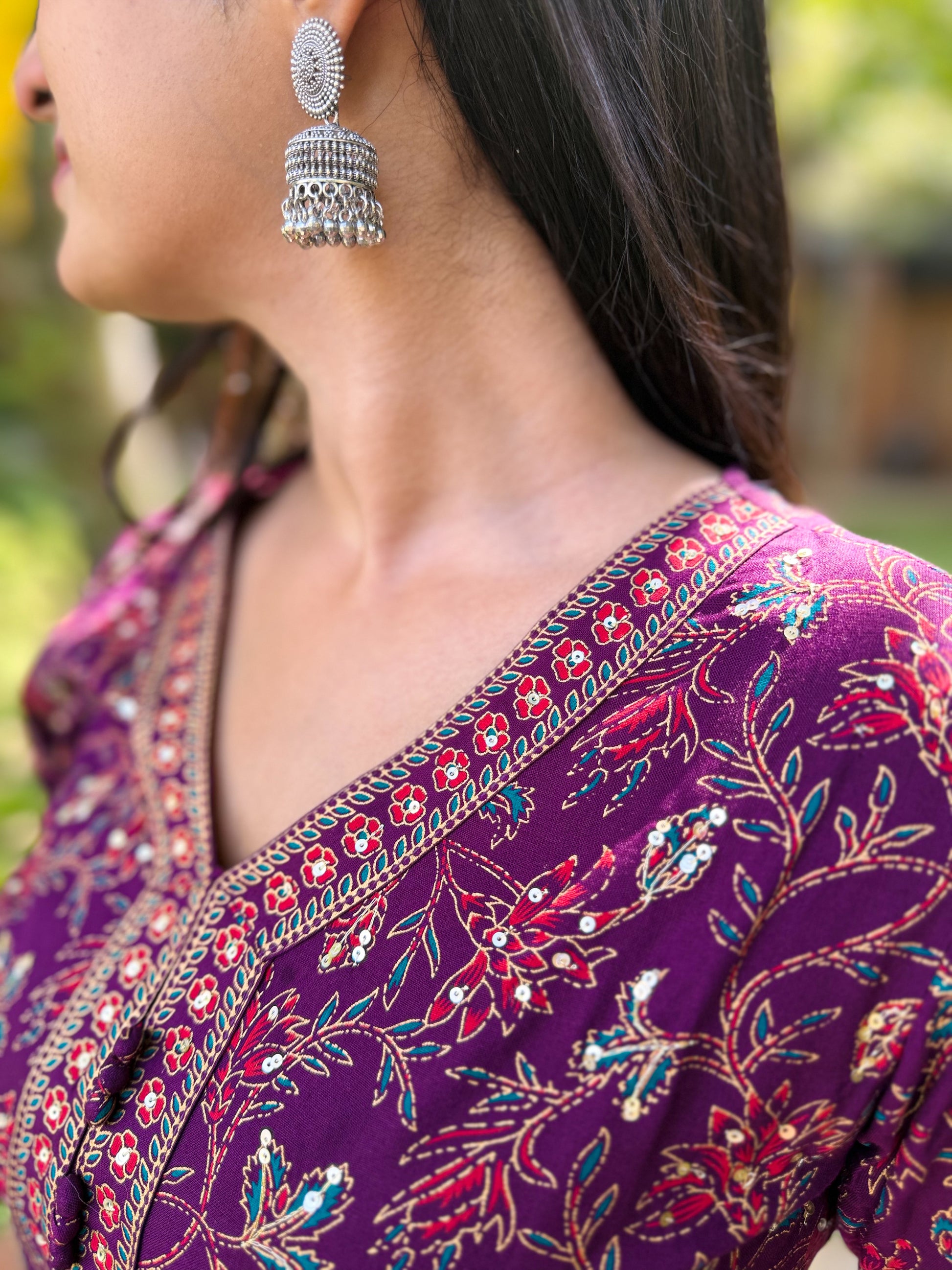 Deep Plum Floral Anarkali Maxi With Sequin Detailing-6