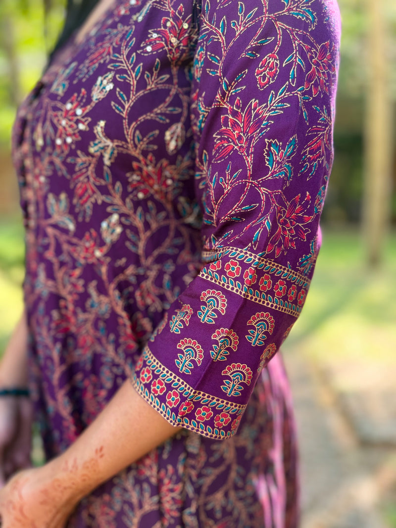Deep Plum Floral Anarkali Maxi With Sequin Detailing-8