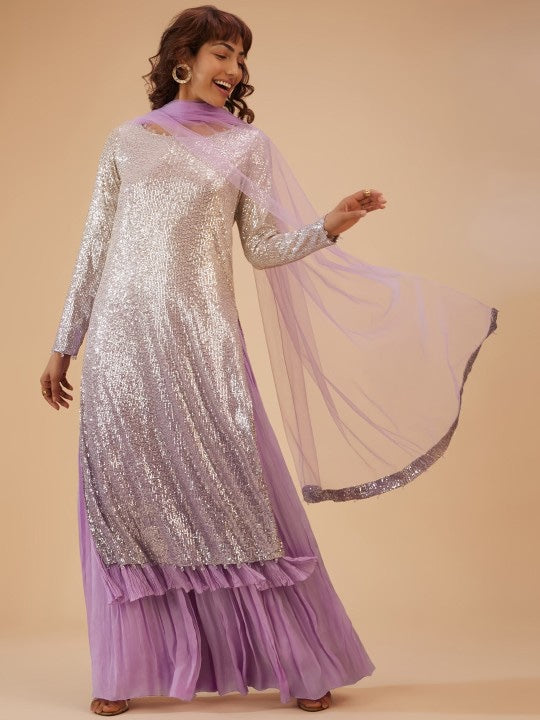 Embellished Straight Sequinned Kurta & Palazzos With Dupatta