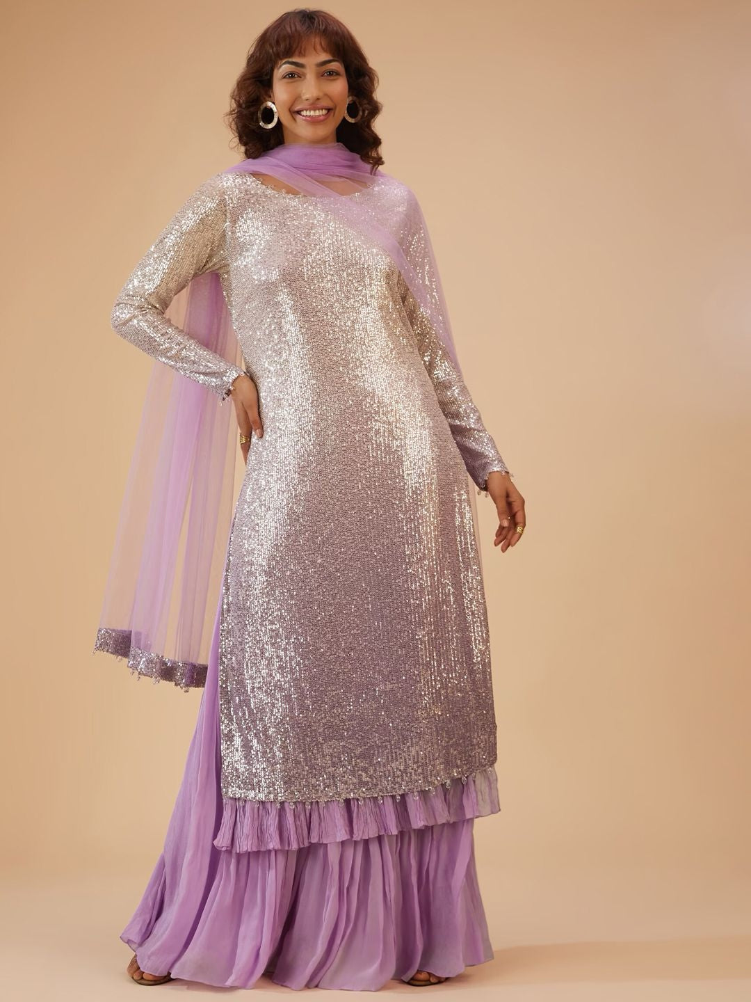 Embellished Straight Sequinned Kurta & Palazzos With Dupatta-1