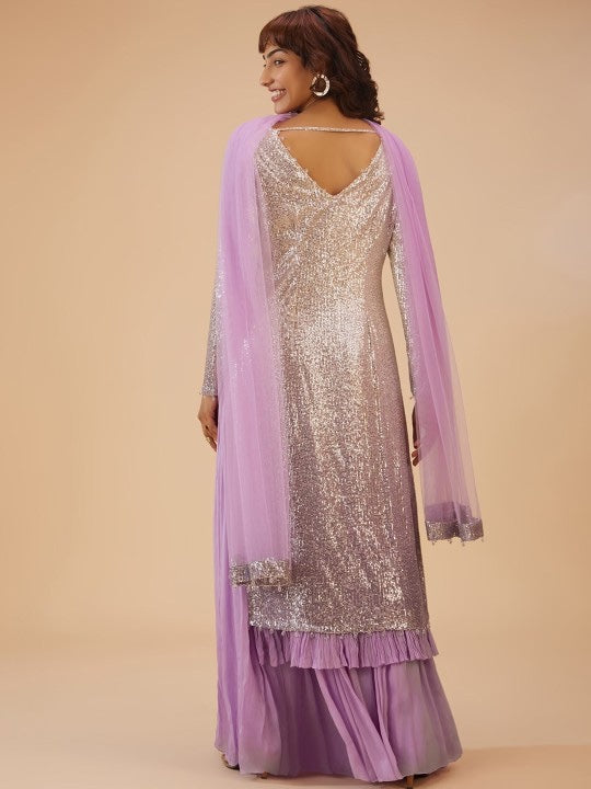Embellished Straight Sequinned Kurta & Palazzos With Dupatta