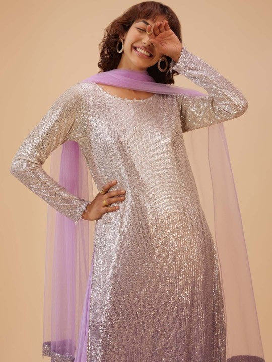 Embellished Straight Sequinned Kurta & Palazzos With Dupatta