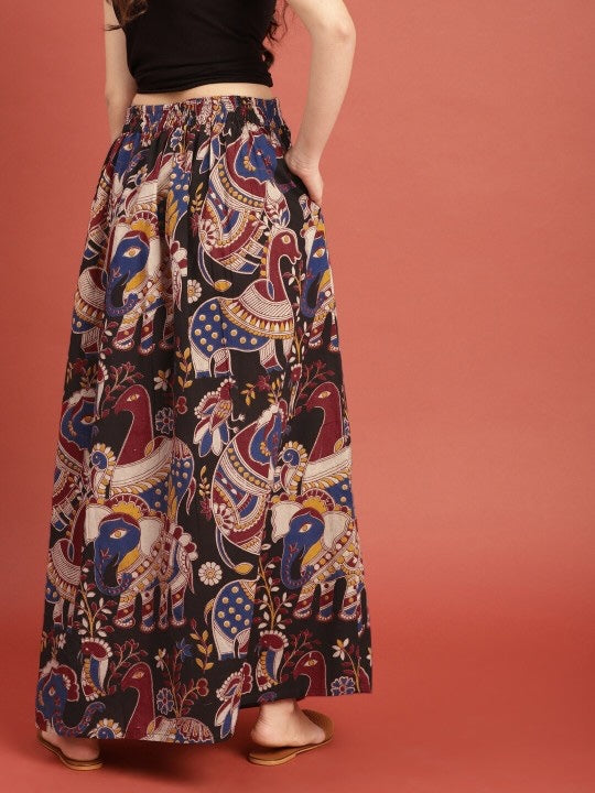 Black & Maroon Kalamkari Hand Block Print Ethnic Sustainable Maxi Pure Cotton Skirt with Gathers-3