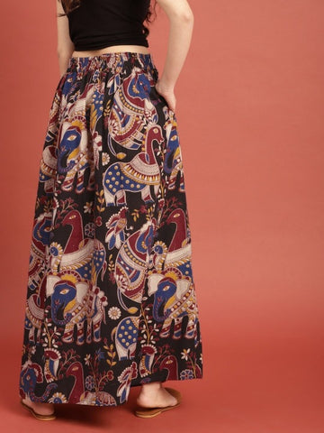 Handcrafted Black & Maroon Kalamkari Hand Block Print Ethnic Sustainable Maxi Pure Cotton Skirt with Gathers