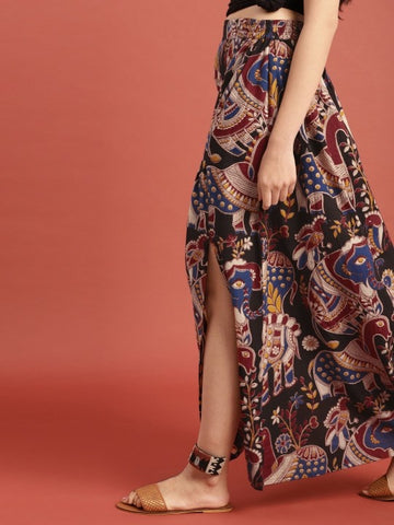 Handcrafted Black & Maroon Kalamkari Hand Block Print Ethnic Sustainable Maxi Pure Cotton Skirt with Gathers