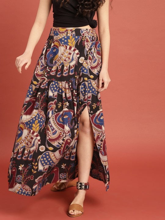 Black & Maroon Kalamkari Hand Block Print Ethnic Sustainable Maxi Pure Cotton Skirt with Gathers-1