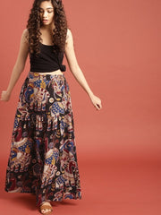 Black & Maroon Kalamkari Hand Block Print Ethnic Sustainable Maxi Pure Cotton Skirt with Gathers