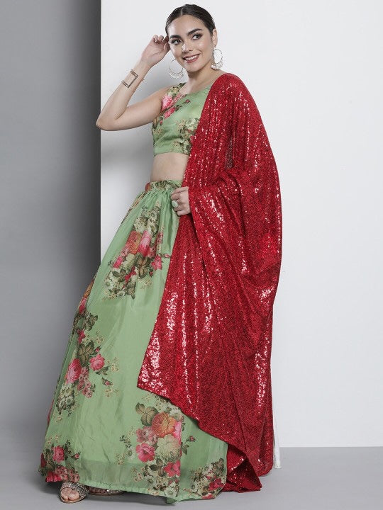 Printed Organza Semi-Stitched Lehenga & Unstitched Blouse With Dupatta-1