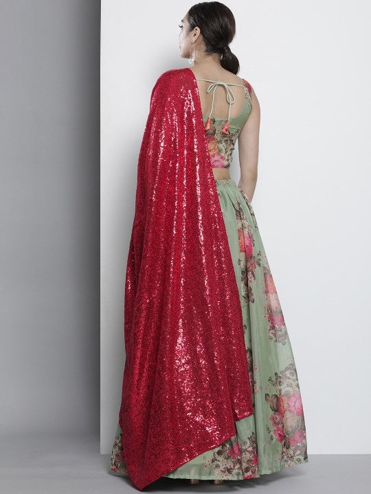 Printed Organza Semi-Stitched Lehenga & Unstitched Blouse With Dupatta