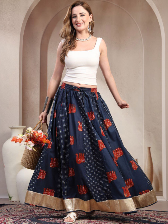 Sunekh Printed Pure Cotton Flared Maxi Skirt-1