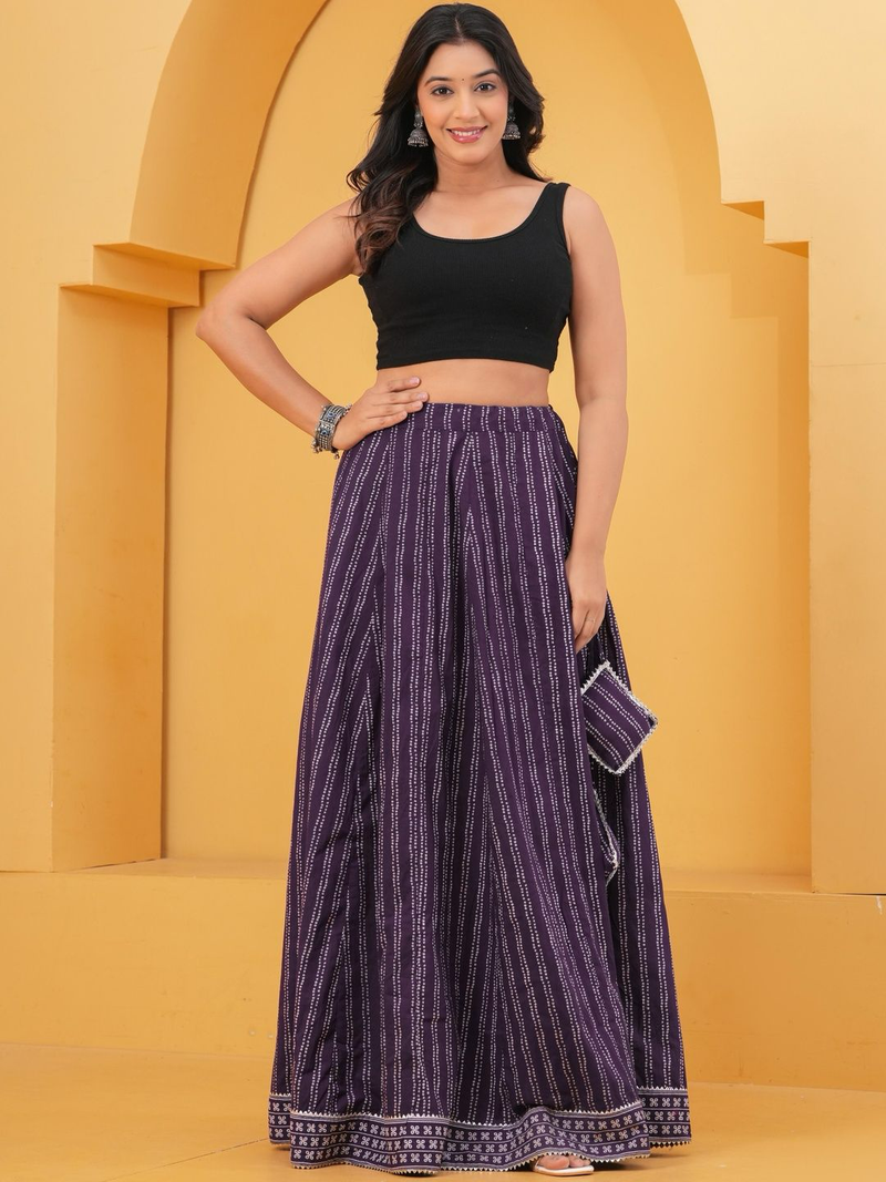 Purple Printed Flared Maxi Skirt-1