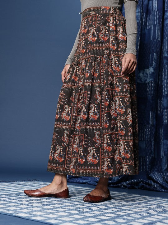 Kalamkari Block Printed Maxi Flared Skirt with Slit Detail-3