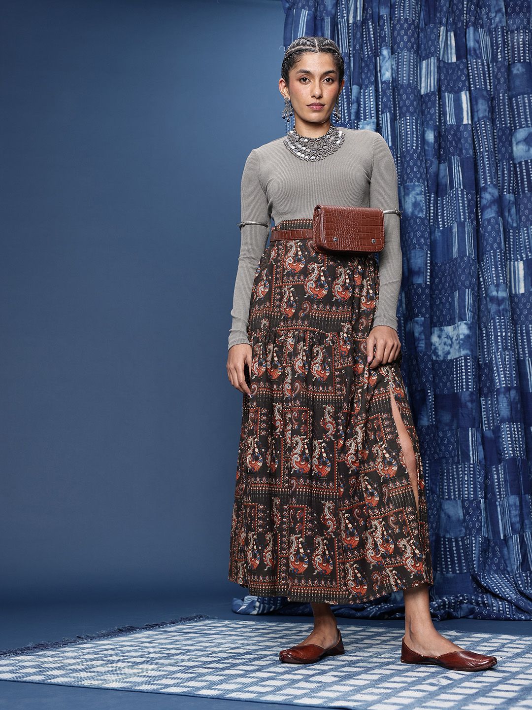 Kalamkari Block Printed Maxi Flared Skirt with Slit Detail-6