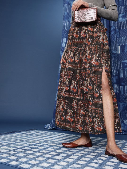 Kalamkari Block Printed Maxi Flared Skirt with Slit Detail
