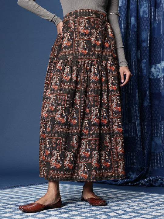 Kalamkari Block Printed Maxi Flared Skirt with Slit Detail-4