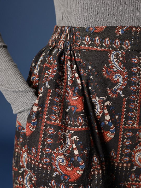 Kalamkari Block Printed Maxi Flared Skirt with Slit Detail-5