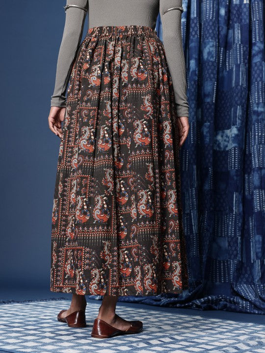 Kalamkari Block Printed Maxi Flared Skirt with Slit Detail