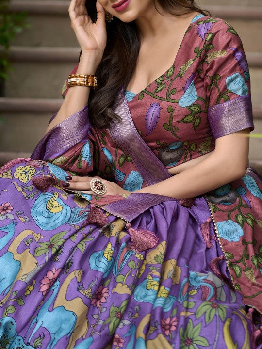 Kalamkari Printed Semi-Stitched Lehenga & Unstitched Blouse With Dupatta-4