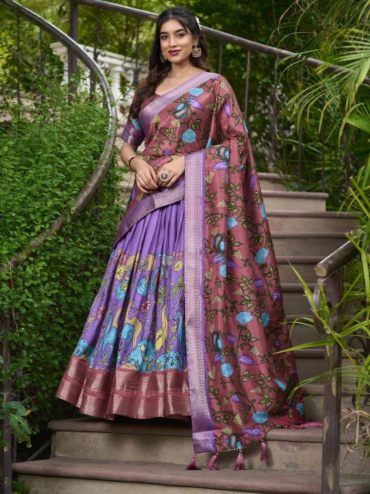 Kalamkari Printed Semi-Stitched Lehenga & Unstitched Blouse With Dupatta-1
