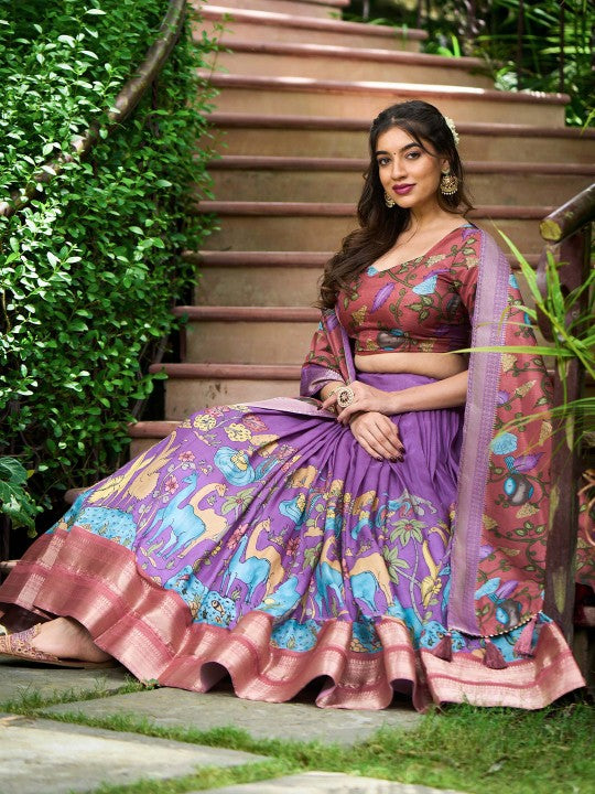 Kalamkari Printed Semi-Stitched Lehenga & Unstitched Blouse With Dupatta-3