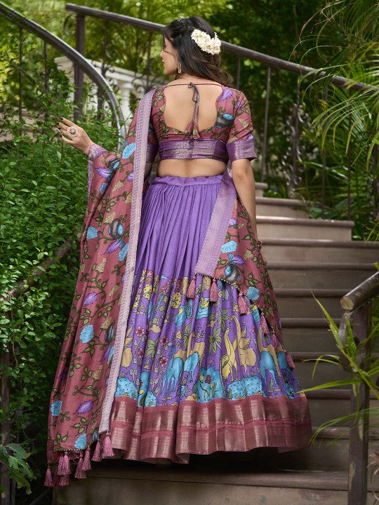 Kalamkari Printed Semi-Stitched Lehenga & Unstitched Blouse With Dupatta-2