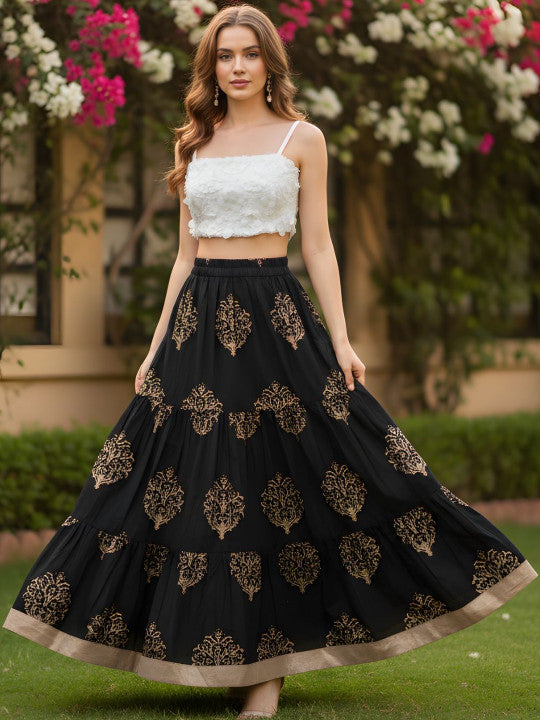 Printed Pure Cotton Maxi Flared Skirts-5