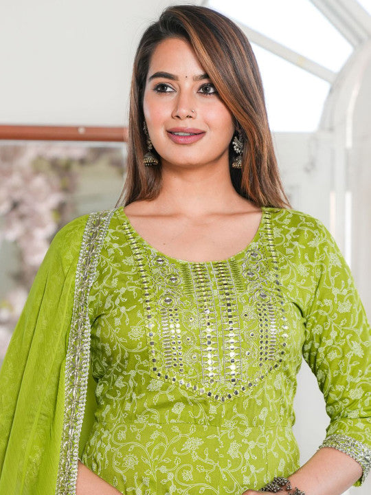 Floral Printed Mirror Work Anarkali Kurta & Trousers With Dupatta-17
