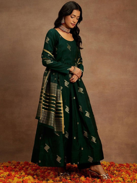 Woven Design Chanderi Silk Kurta With Trousers & Dupatta