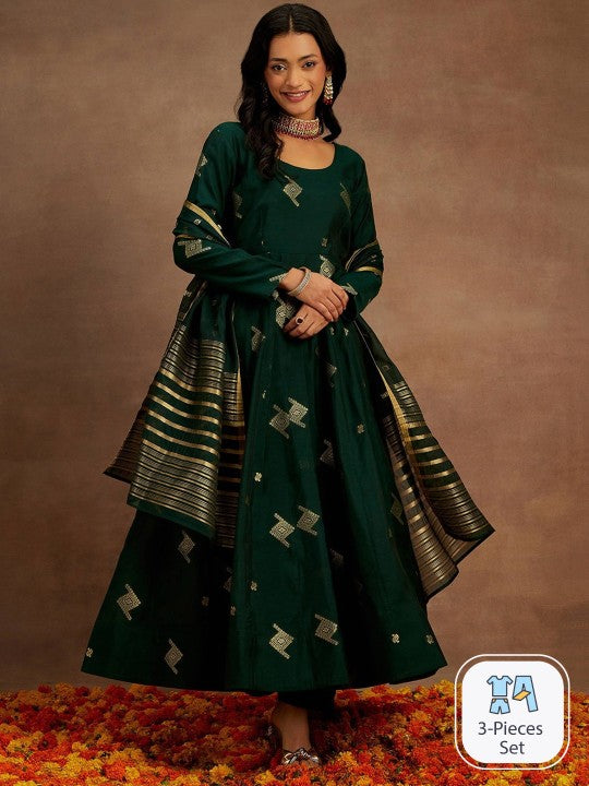 Woven Design Chanderi Silk Kurta With Trousers & Dupatta-3