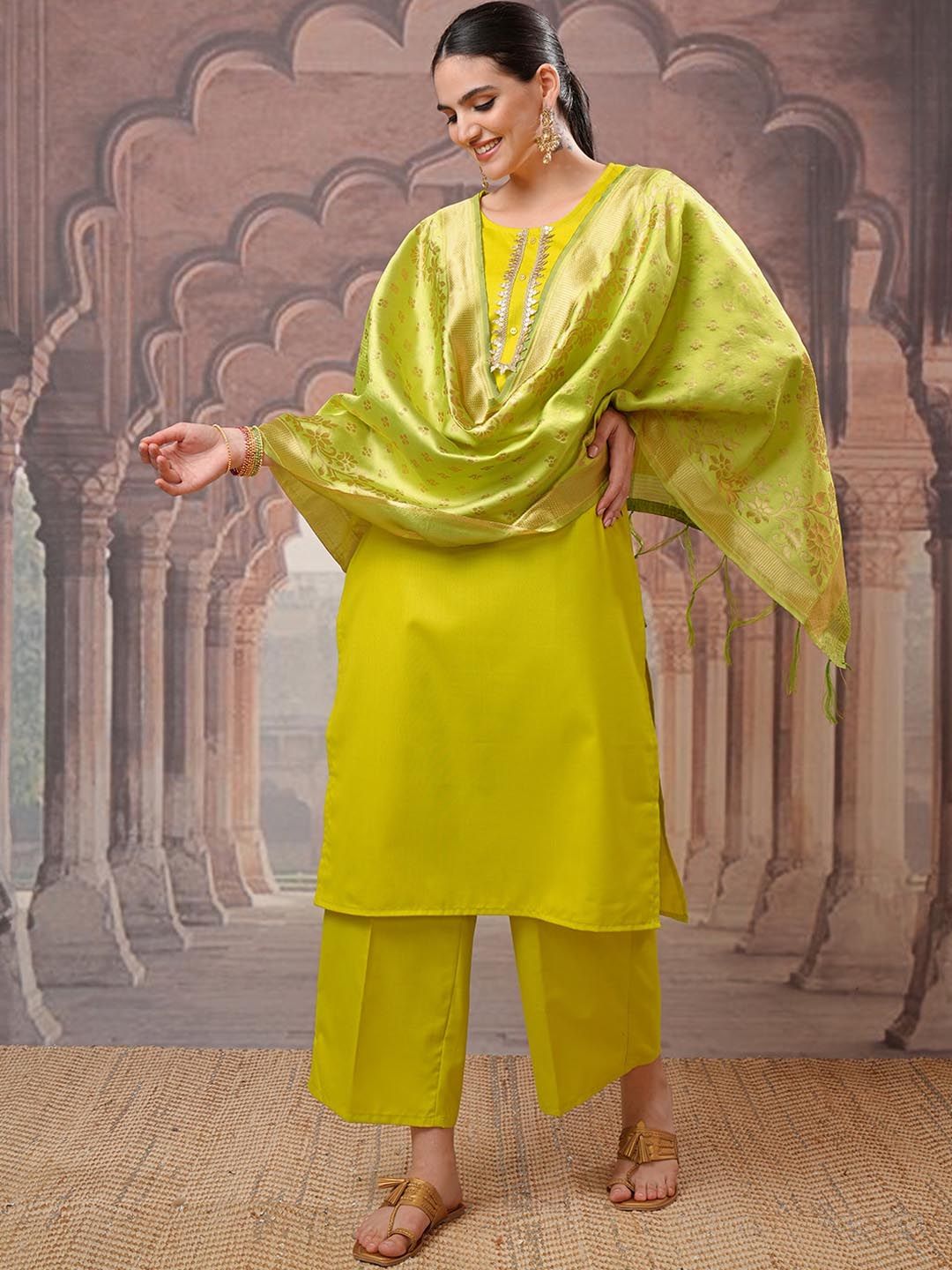 Black Round Neck Floral Regular Straight Kurta with Palazzos & With Dupatta