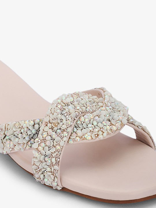 Women Embellished White Block Heel Sandals-3
