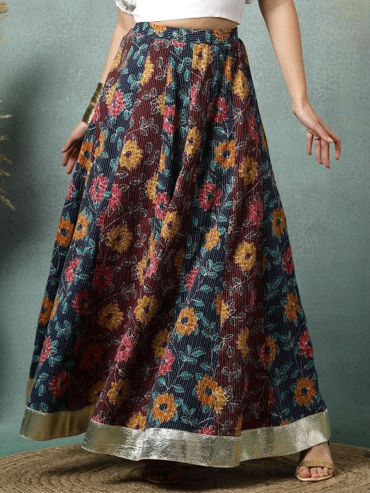 Floral Printed Cotton Flared Maxi Skirt-1