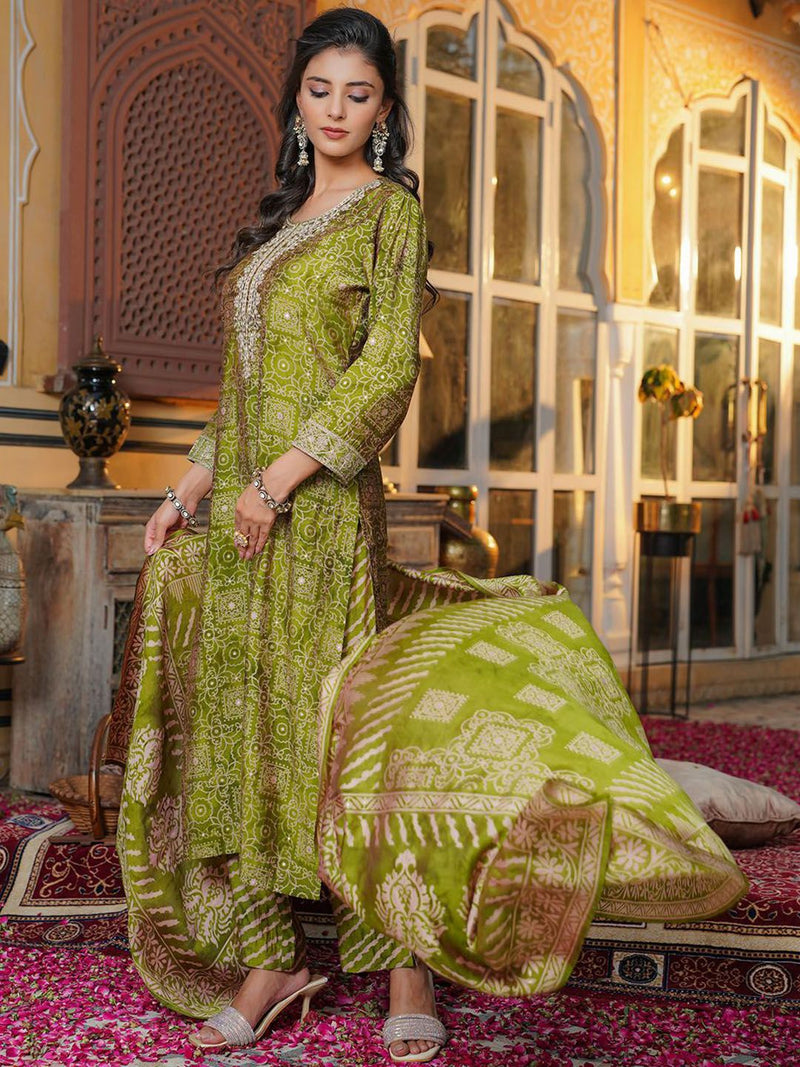 Ethnic Motifs Printed Thread Work Straight Kurta With Trouser & Dupatta-8