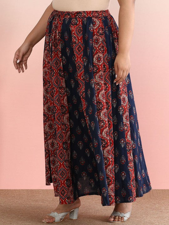 Ethnic Printed Cotton Flared Plus Size Maxi Skirts-3