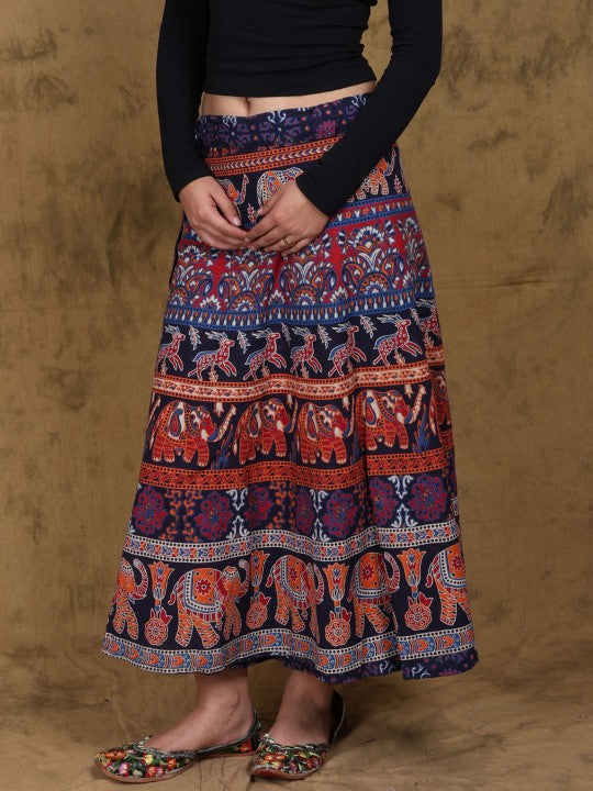 Mood Indigo Elephant & Deers Printed Wrap Around Skirt