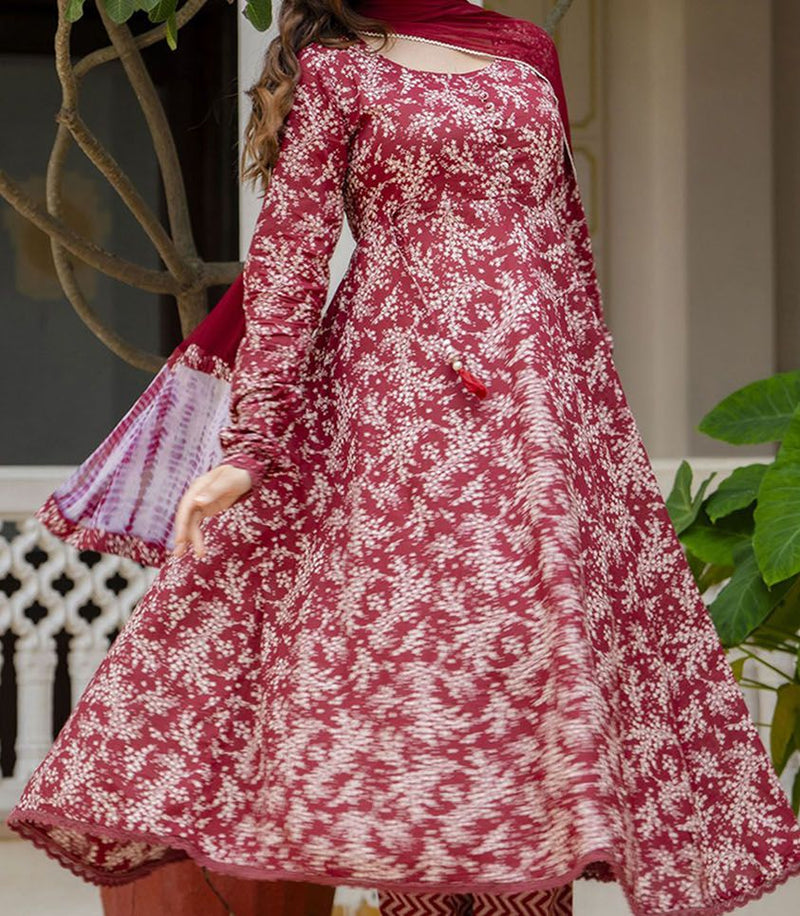 Red Floral Printed Empire Pure Cotton Anarkali Kurta With Pyjamas & Dupatta-3