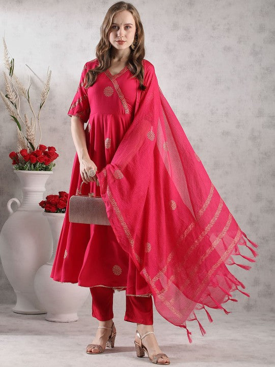 Floral Printed Anarkali Kurta With Trousers & Dupatta-1