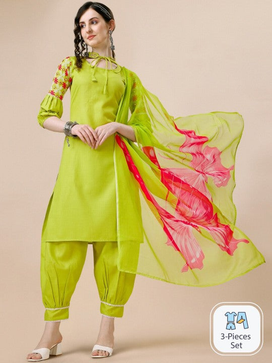 Navy Blue Floral Embroidered Tie-Up Neck Straight Kurta With Salwar And Dupatta