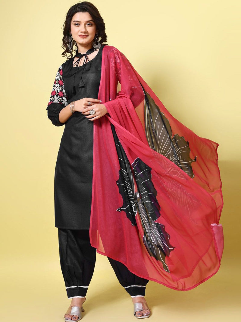Navy Blue Floral Embroidered Tie-Up Neck Straight Kurta With Salwar And Dupatta-11