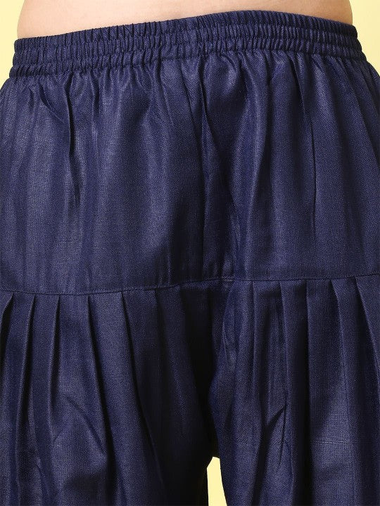 Navy Blue Floral Embroidered Tie-Up Neck Straight Kurta With Salwar And Dupatta